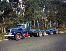 Jacksons Timber Transport Limited Rotorua. International Logging truck powered by Cat. Photographed 30 April 1968