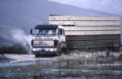 Robust off-road truck crossing a waterlogged trail, showcasing durability and power for challenging terrains. Off-road truck driving through water with sturdy build and large cargo area.
