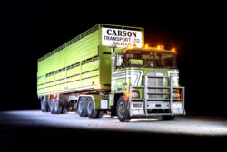 At the time of shooting the Carson fleet in the ninties, Don Carson had a diverse fleet, with his ‘King Rig’ no doubt being this K100 Kenworth, seen here in livestock mode on the day.