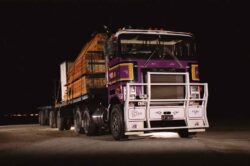 F-series Mac k 'Big Buddy' with a typical load consisting of timber, and other stuff. The tractor seems to be under a single axle semi and is pulling a three axle trailer.
