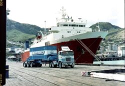 Mainfreight was one of those companies that embraced Pacifica, and I have a heap of shots of Mainfreight (mainly Barry Docherty and his Steelbro Sideflifter) promotional shots showing how road-and-sea combine to move freight...mind you, they were big supporters of rail too - but ask the public even to this day - and they associate the branding with trucks - Mainfreight founders Neil Graham, Howard Smith and Bruce Plested were way ahead of their time...