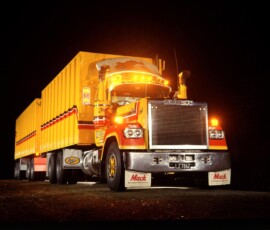 Mack Super Liner - photographed at night as part of a 'trucks at work' photo series at the Tuapeka Transport yard at Lawrence, Otago.
This was one of the most impressive trucks on Southern roads at the time.